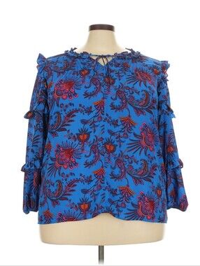 The Pioneer Woman Royal Blue Floral Tie-Front Ruffle Blouse